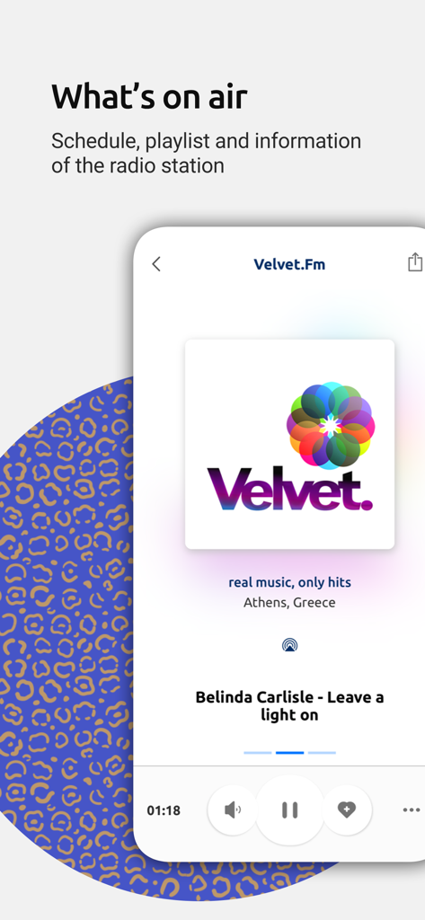 E-Radio app player screen displaying a live radio station from Athens Greece with song information and playback controls