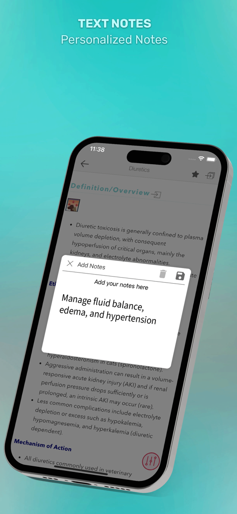5 Minute Veterinary - 5分間獣医アプリ内のパーソナライズされたテキストノート機能を示すスマートフォン画面。