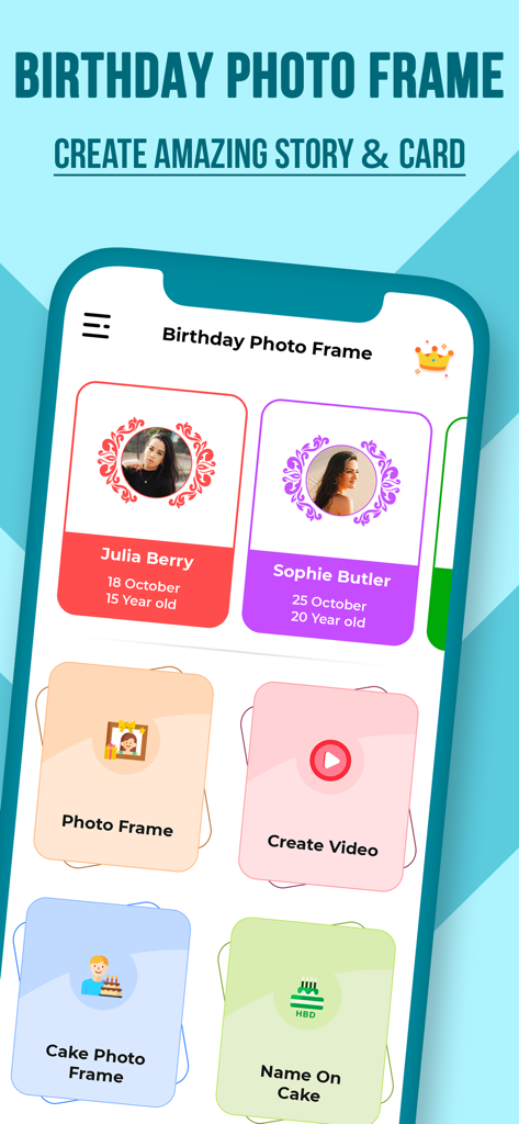Bday Video Maker, Wishes, Card - Birthday photo frame app interface showing features like create video and name on cake