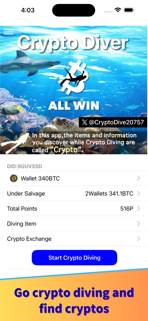 CryptoDiver - CryptoDiver app home screen with underwater theme showing Bitcoin wallet salvage and points dashboard