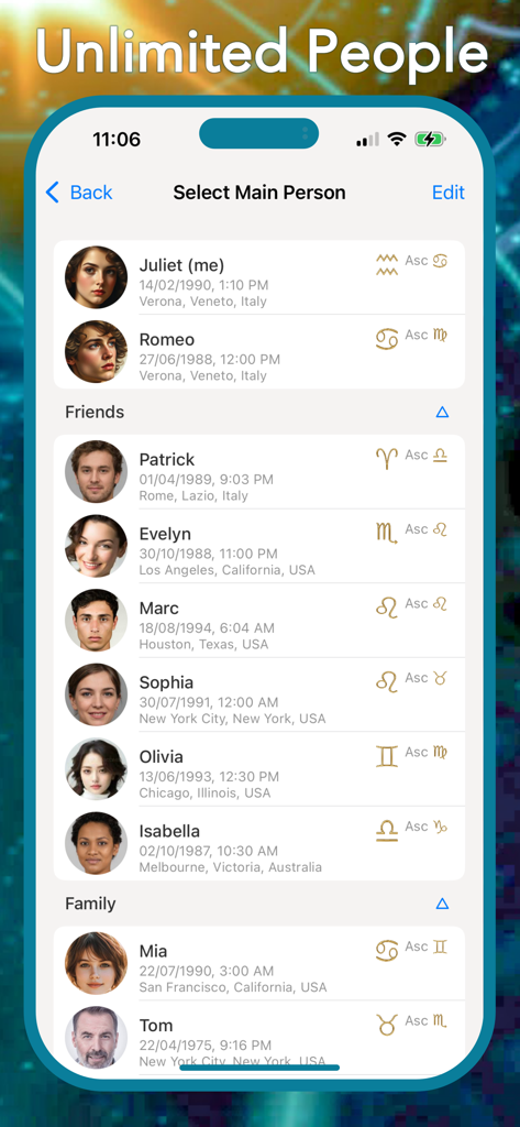 Astro Future - Daily Horoscope - 友人や家族の星座を含む無制限のプロフィールリストを表示したAstro Futureアプリ画面