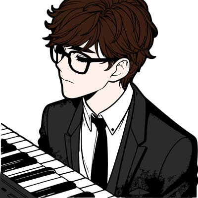 a realistic blonde man with glasses and medium length hair to shoulders with tips up and a right side fringe with a suit and white formal shirt playing a keyboard