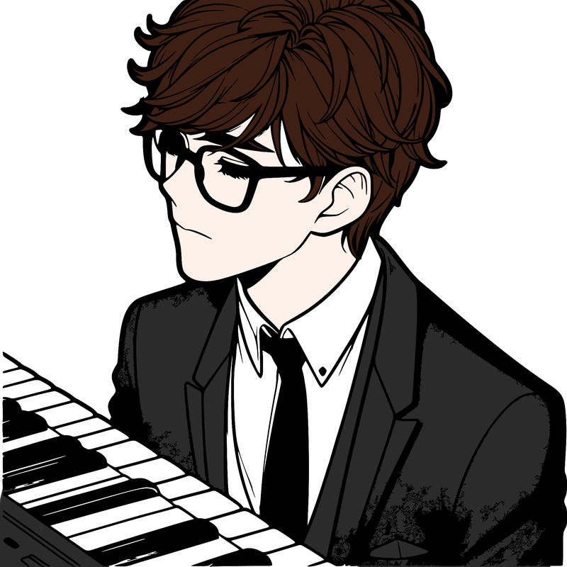 a realistic blonde man with glasses and medium length hair to shoulders with tips up and a right side fringe with a suit and white formal shirt playing a keyboard
