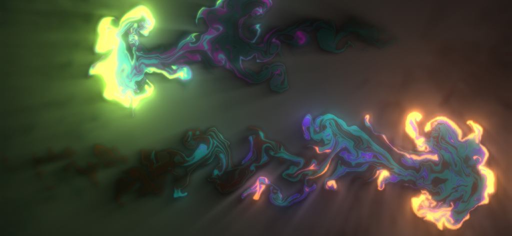 Abstrakte neon grüne und orange leuchtende Flüssigkeitswirbel auf dunklem Hintergrund