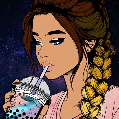 realistic girl drinking boba tea with braided hair