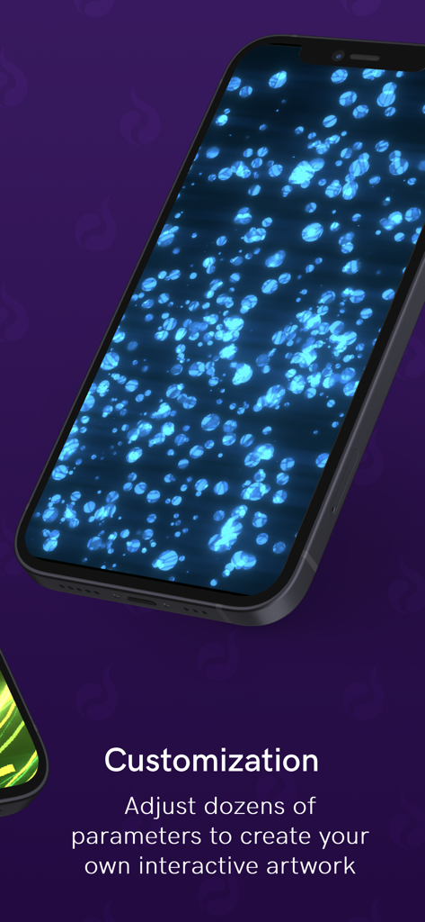 Particle Simulation - Flow Sim - Smartphone screen displaying glowing blue interactive particles with text highlighting the customization of digital artwork
