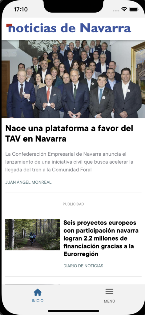 Diario de Noticias de Navarra - News feed on the Diario de Noticias de Navarra app showing local articles about regional politics and economy.