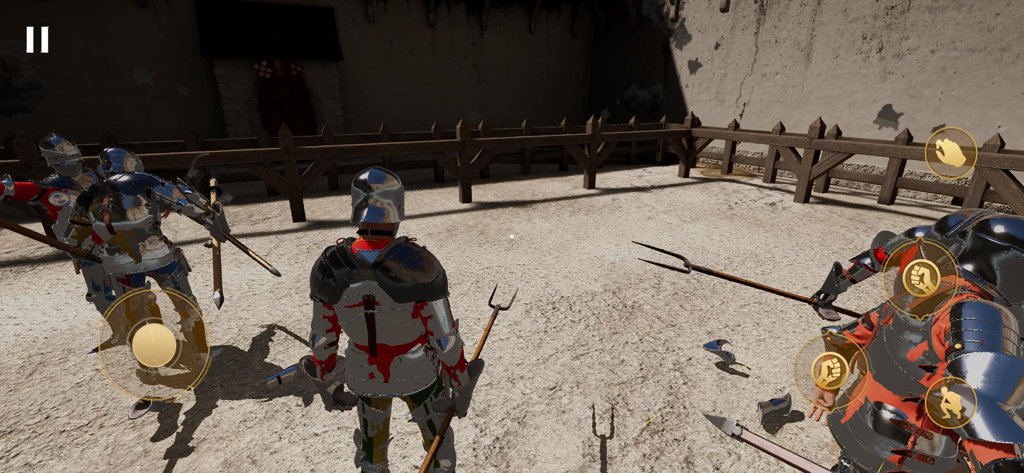 Half Sword Mobile - Third-person gameplay of Half Sword Mobile showing knights in 15th-century plate armor engaged in a physics-based combat simulation within a wooden arena.