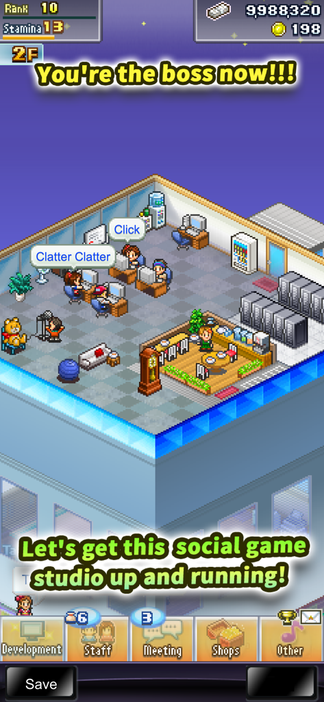 Pixel art game studio management screen in Social Dev Story