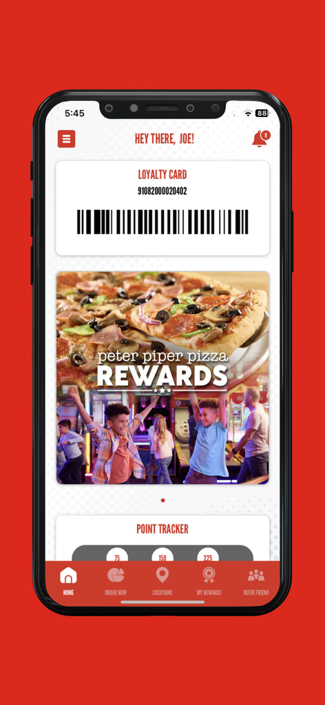 The home screen of the Peter Piper Pizza Rewards app displaying a digital loyalty card barcode and rewards point tracker.