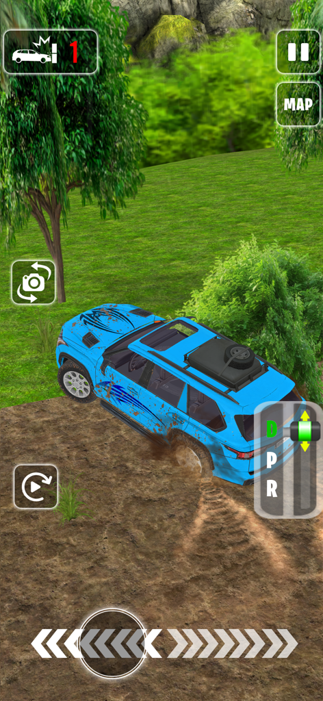 Offroad Jeep Drive : 4x4 Games - SUV 4x4 azul conduciendo en una pista todoterreno embarrada en un bosque