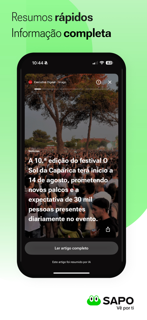 Interfaz de la app de noticias SAPO mostrando un resumen de noticias generado por IA en formato de historias en la pantalla de un smartphone.