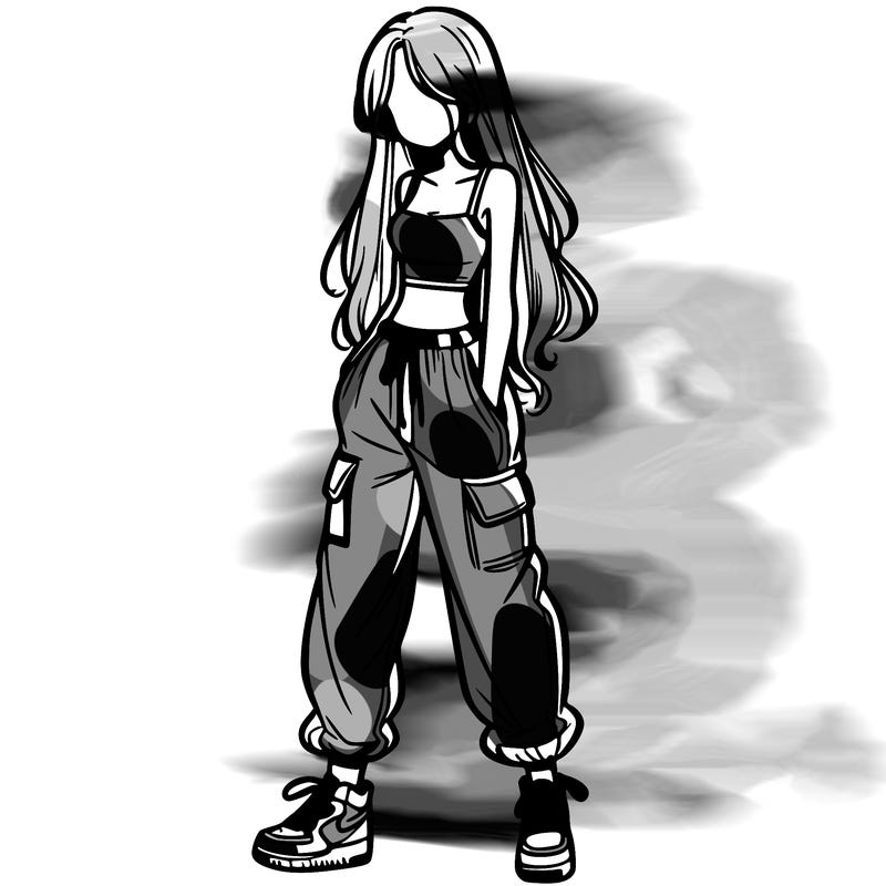 girl in baggy pants crop top and long hair