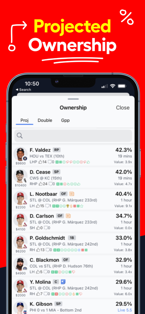 Mobile screen of LineStar app displaying projected ownership percentages for MLB players in daily fantasy sports.