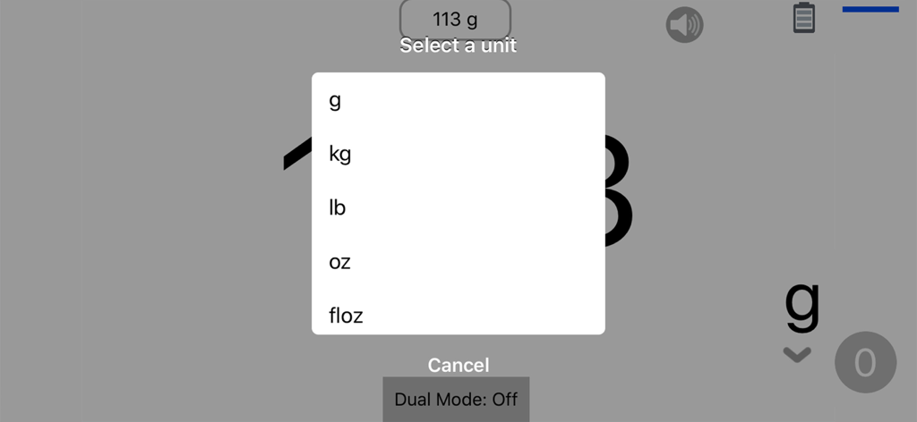 Just Scale kitchen scale - Selection menu in the Just Scale app listing measurement units including grams kilograms pounds and ounces
