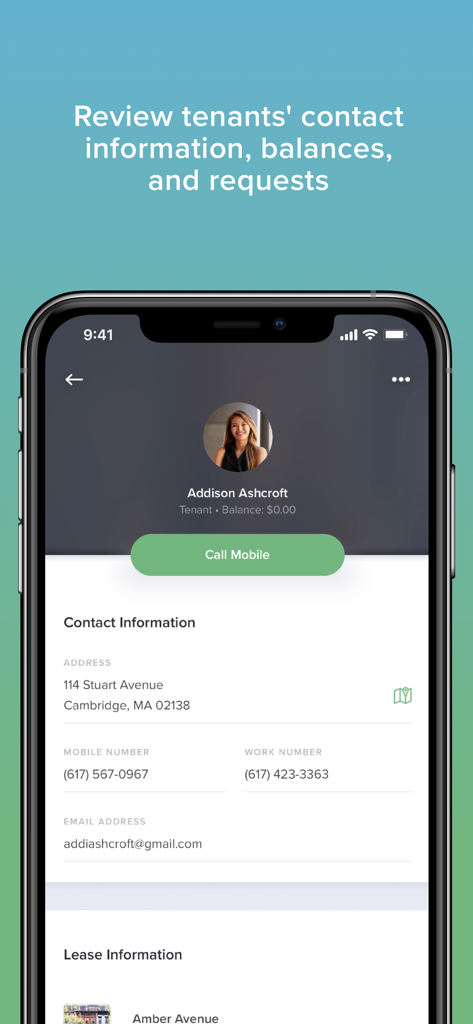 Buildium app interface showing a tenant profile with contact details and account balance