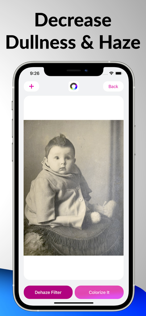 iPhone screen showing an old black and white baby photo with dehaze and colorize options in the Image Colorize app