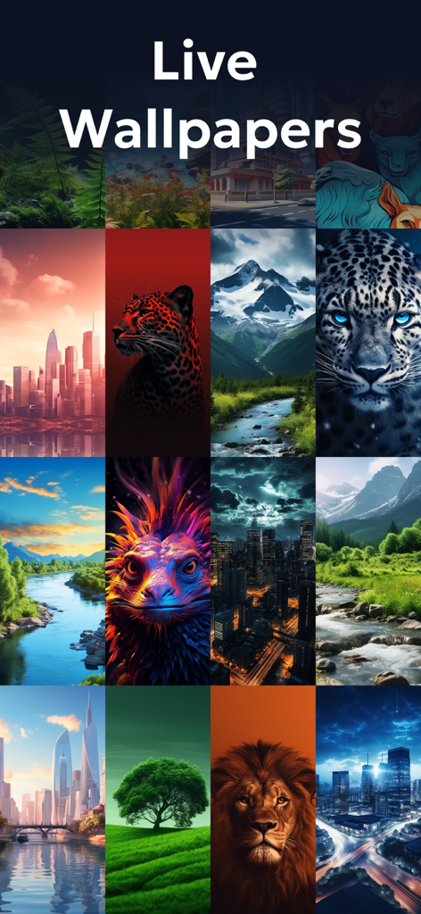 WallHub - Live Wallpapers - Una cuadrícula que muestra varios fondos de pantalla animados vibrantes con animales, naturaleza y paisajes urbanos.