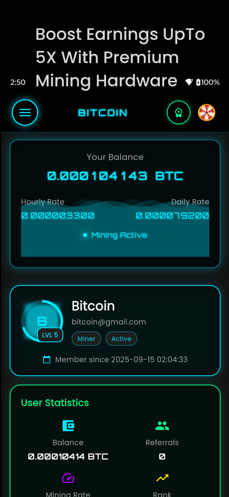 Bitcoin Mining - BTC Miner - Dashboard of the Bitcoin Mining app showing user balance, hourly rates, and active mining status