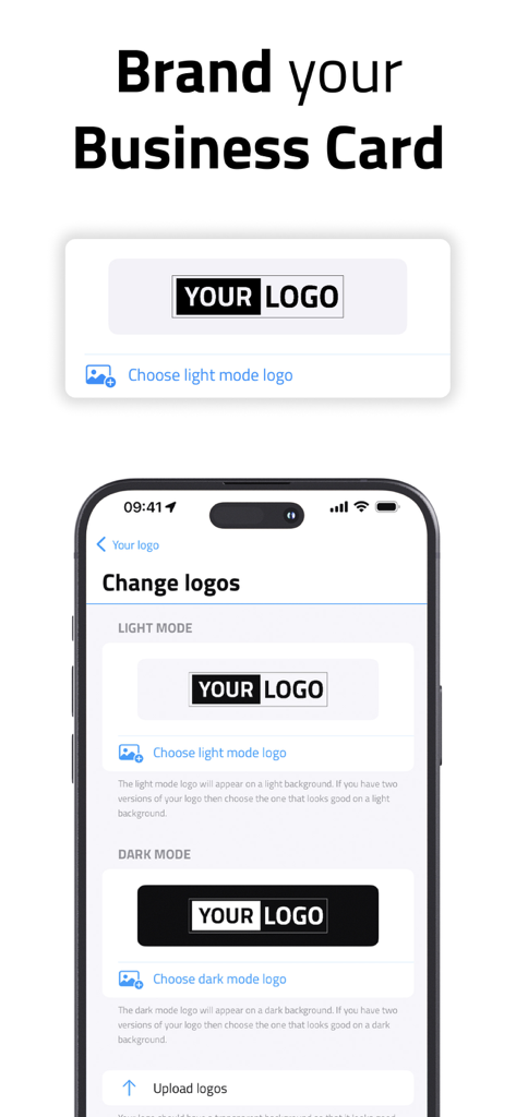 어두운 모드 및 밝은 모드에 대한 로고 업로드 옵션을 보여주는 디지털 명함 브랜딩 인터페이스