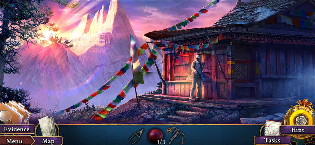 Unsolved: Hidden Mystery Games - Un detective se para junto a una cabaña de madera con banderas de oración frente a montañas nevadas al atardecer