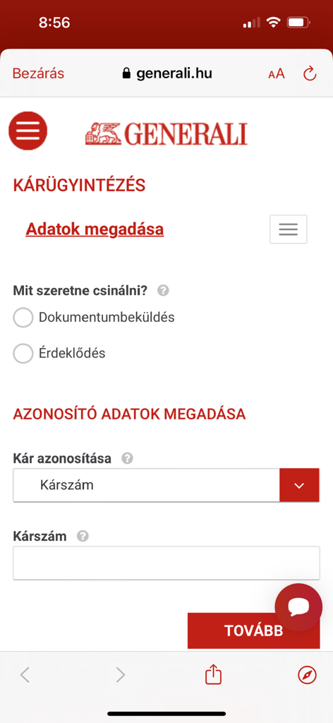 Generali Ügyfélpont - 書類提出のためのフォームフィールドを示すGeneraliアプリの保険金請求管理インターフェース