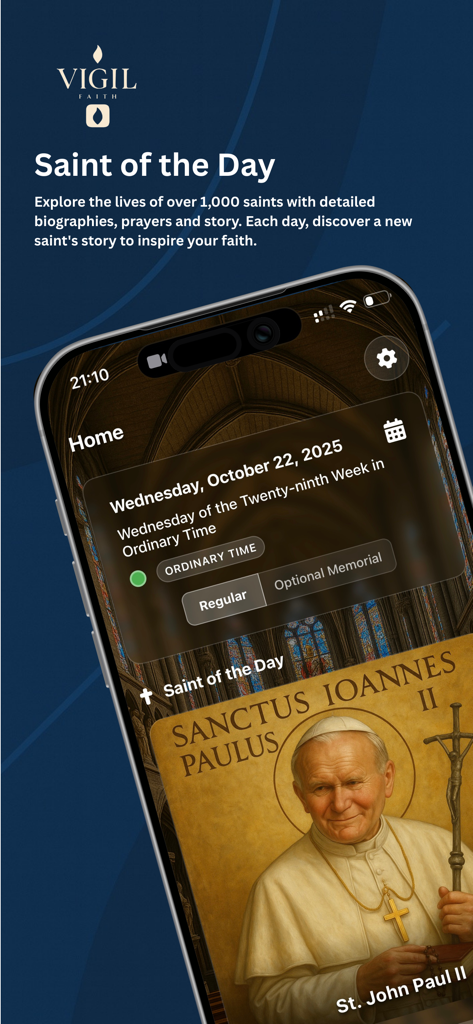 Vigil Faith - Catholic Bible - Startbildschirm der Vigil Faith App, der die Funktion "Heiliger des Tages" mit dem Heiligen Johannes Paul II. zeigt.