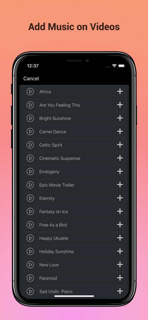 Mobile app interface showing a curated list of music tracks to add as background audio to videos.