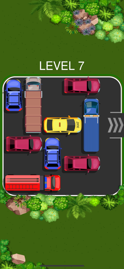 Gameplay screenshot of Car Park Puzzle showing level 7 with various colorful vehicles in a parking lot