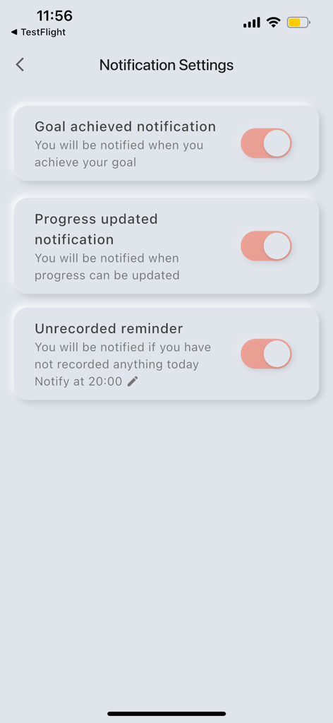 nailgrow - Notification settings screen in the nailgrow app showing toggles for goal achievement progress updates and daily reminders