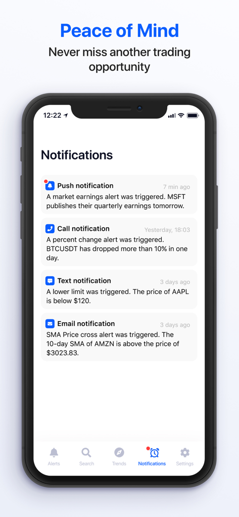 Pantalla de notificaciones de la aplicación Alarma de Acciones que muestra alertas de acciones y criptomonedas a través de llamadas push, texto y correo electrónico