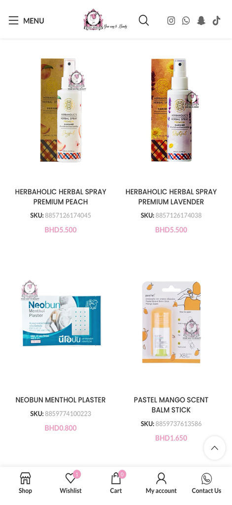 Thai House Cosmetic - Mobile app interface of Thai House Cosmetic showing herbal sprays and beauty products.