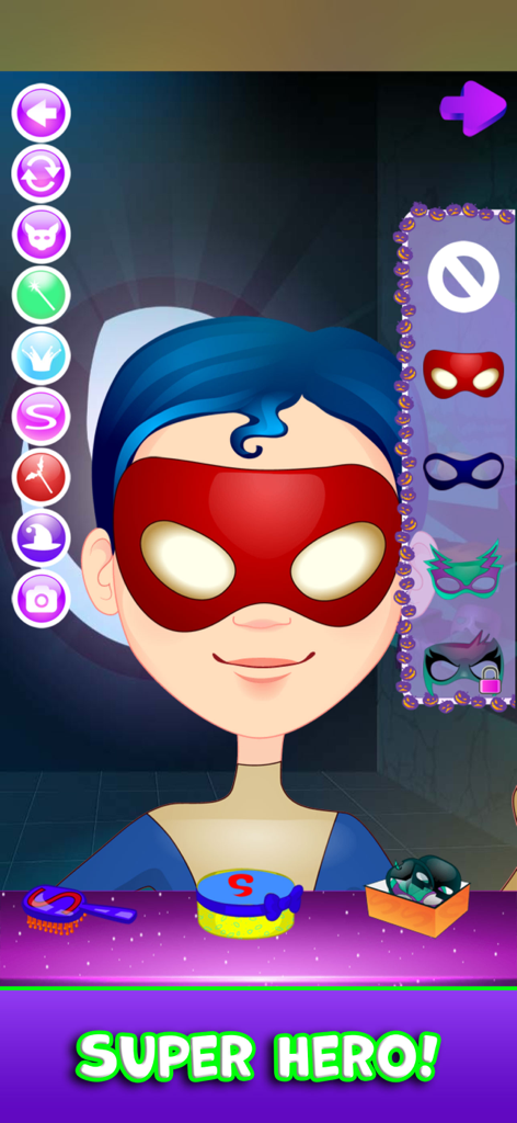 Halloween Costume Party Games - A character with blue hair wearing a red superhero mask in a Halloween dress-up game.