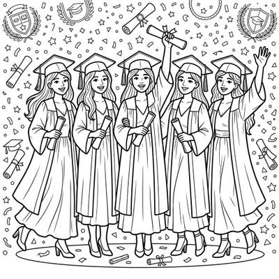 Commemorate a special milestone with this vibrant coloring page featuring five joyful graduates. Each figure is adorned in elegant maxi dresses beneath their caps and gowns, ready to celebrate their big day.