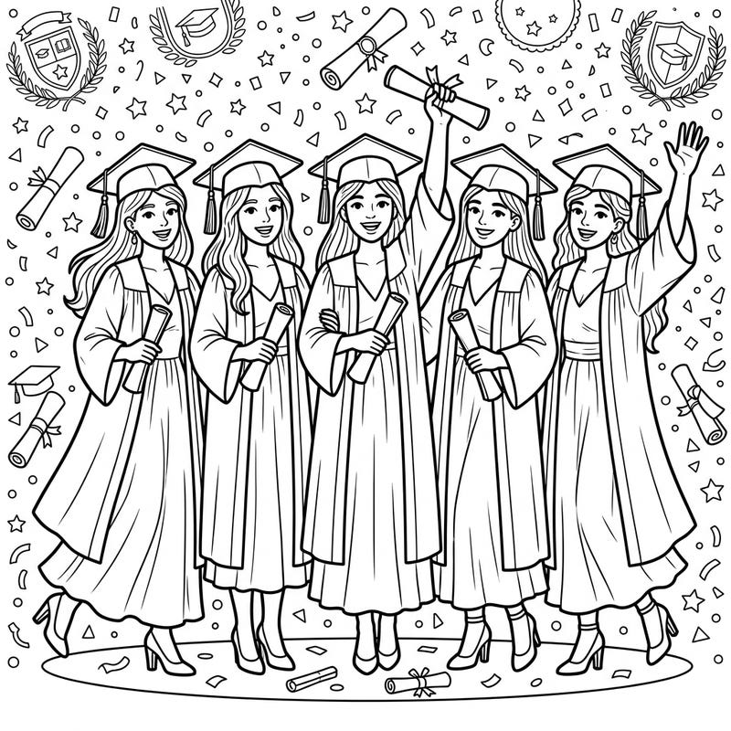 Commemorate a special milestone with this vibrant coloring page featuring five joyful graduates. Each figure is adorned in elegant maxi dresses beneath their caps and gowns, ready to celebrate their big day.