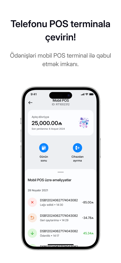 ABB Biz mobile banking app interface showing the mobile POS terminal feature and business transactions list