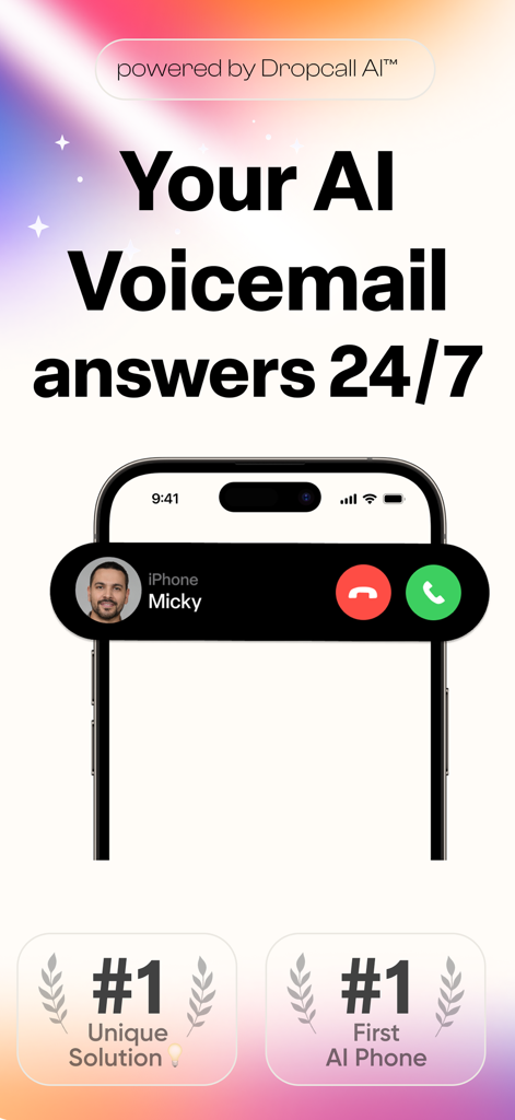 Dropcall: AI Voicemail & Phone - Dropcall AI Voicemail showing a phone screen with an incoming call and text stating it answers calls 24/7