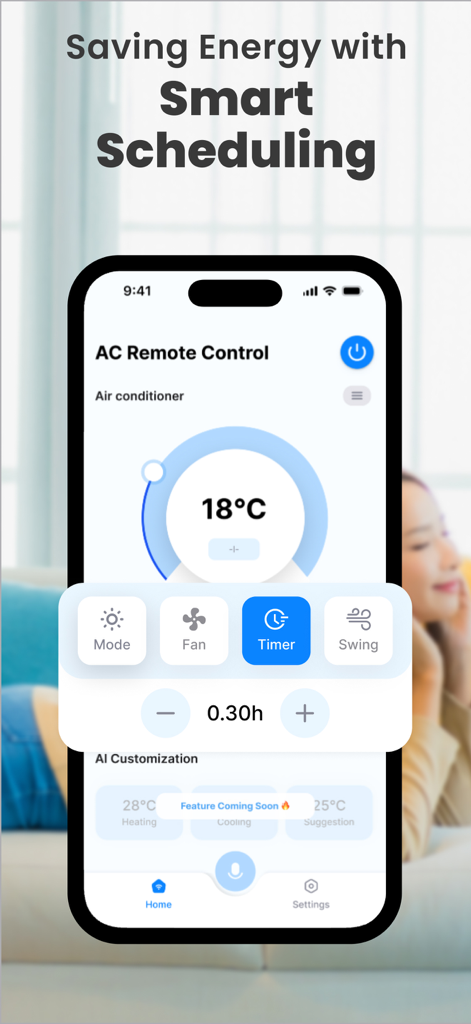 Aircon Remote - AC control - Aircon Remote app interface displaying smart scheduling and timer control features