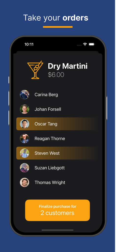 Mobile screen showing a dry martini order for two selected guests in the Bartab app