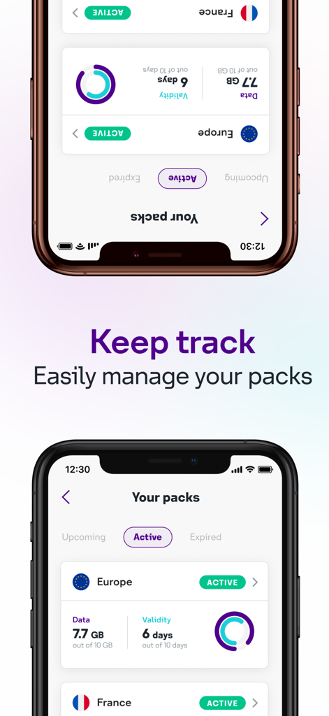 Interface of the rova from stc app showing active international eSIM data packs for Europe and France with usage tracking