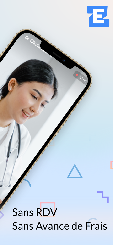 EZRA | Téléconsultation 7/7J - A smartphone showing a video call with a doctor on the EZRA app with text indicating no appointment and no upfront fees
