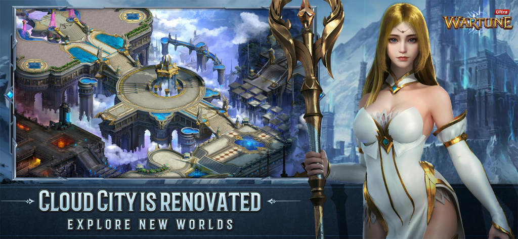 Wartune Ultra - A fantasy female character standing in front of the renovated Cloud City in Wartune Ultra