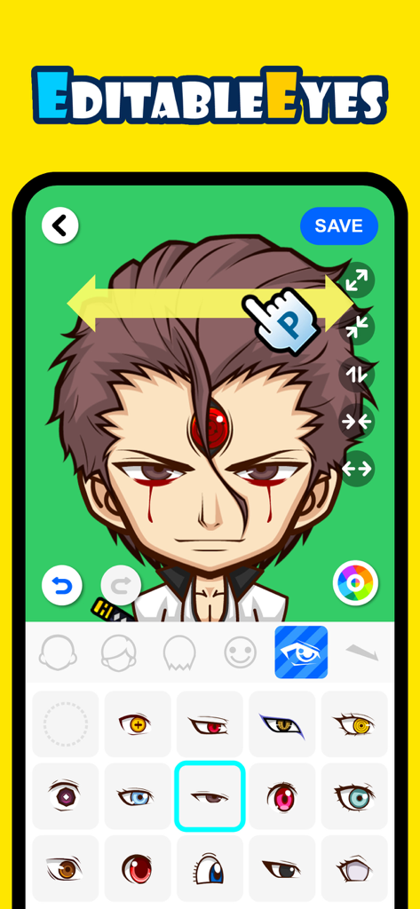 SuperMe-Avatar Maker Creator - Interfaz móvil que muestra la personalización de ojos para un avatar de anime con controles deslizantes ajustables y varios estilos de ojos.