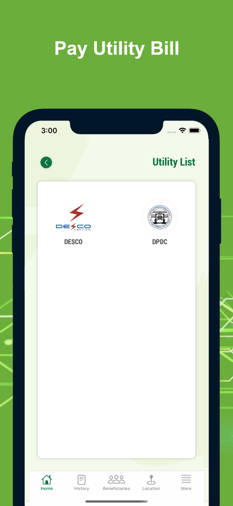 Trust-Money - Trust-Money app screen showing utility bill payment options for DESCO and DPDC