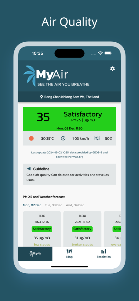 MyAir - L'interface MyAir affichant les niveaux de PM2.5 et les directives de qualité de l'air