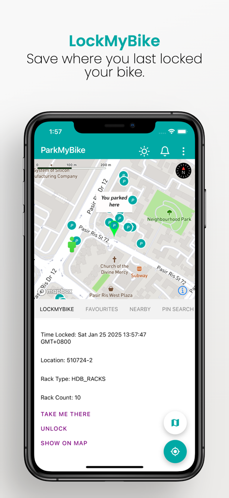 A screenshot of the ParkMyBike app showing the LockMyBike feature with a map pin indicating where a bicycle was last parked.