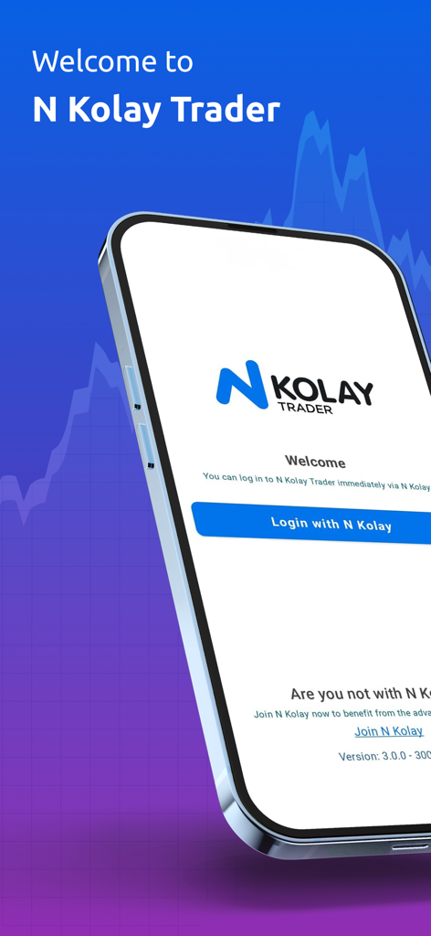 Schermata di benvenuto e accesso all'app mobile N Kolay Trader