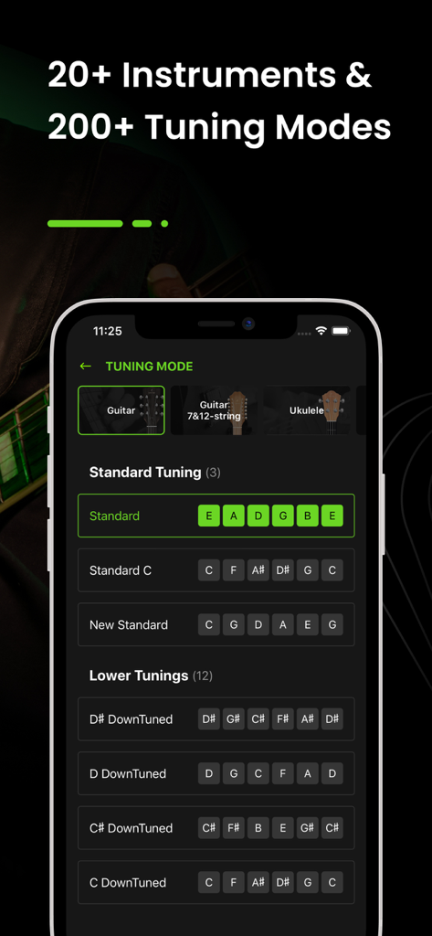 Guitar Tuner - GuitarTunio - Smartphone-Bildschirm, der die Guitar Tunio App mit verschiedenen Instrumenten- und Stimmmethodenoptionen zeigt.