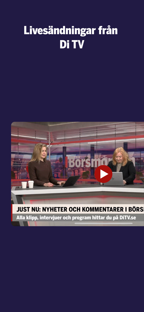 Dagens industri - Live financial news broadcast from Di TV featuring news presenters in a studio.