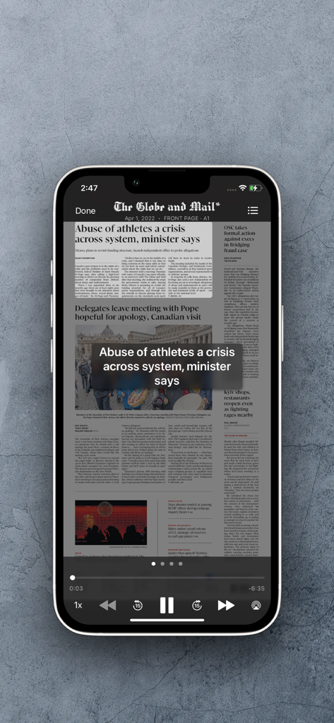 Smartphone displaying the Globe2Go app with a digital newspaper page and audio controls